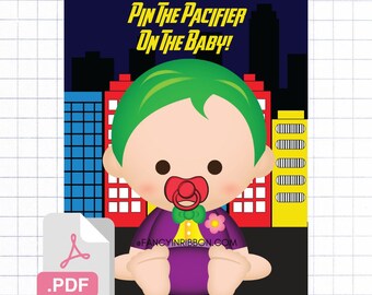 PDF Pin the Pacifier on the baby Game - Baby Shower Games - Superhero villain baby shower