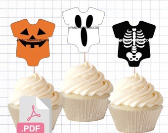 PDF File Halloween Ghost Pumpkin Skeleton  2 inch Onesie Tags/ Cupcake Toppers - Baby Shower Tags