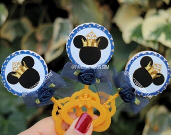 Prince Royal Blue & Gold Mouse Crown Baby Shower Guest Pins - 12 Rattles