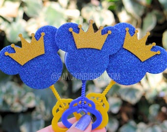 12 Prince Royal Blue Gold Crown Themed Baby Shower Guest Pins -  baby shower rattles - Guest Favors - Grandparent Pins