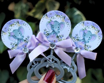 Lavender Elephant Baby Shower Guest Pins - Floral Rattle Favors