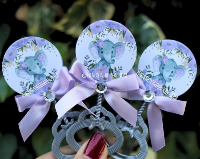 Featured listing image: Ready to Ship - Lavender Elephant Baby Shower Guest Pins - Floral Rattle Favors