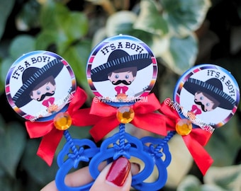 12 Fiesta Mexicana It's a boy Baby Shower Guest Pins - Boy Themed, Handmade Mexican Sarape Mariachi Royal blue Rattles