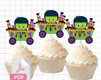PDF File Halloween Baby Frankenstein It's a baby boy Tags/ Cupcake Toppers - Baby Shower Tags