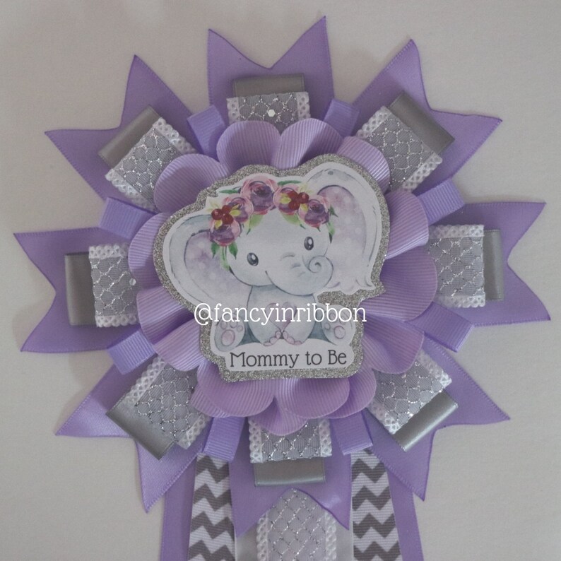 Gray cheveron Baby Girl Elephant Baby Shower Corsage Lavender