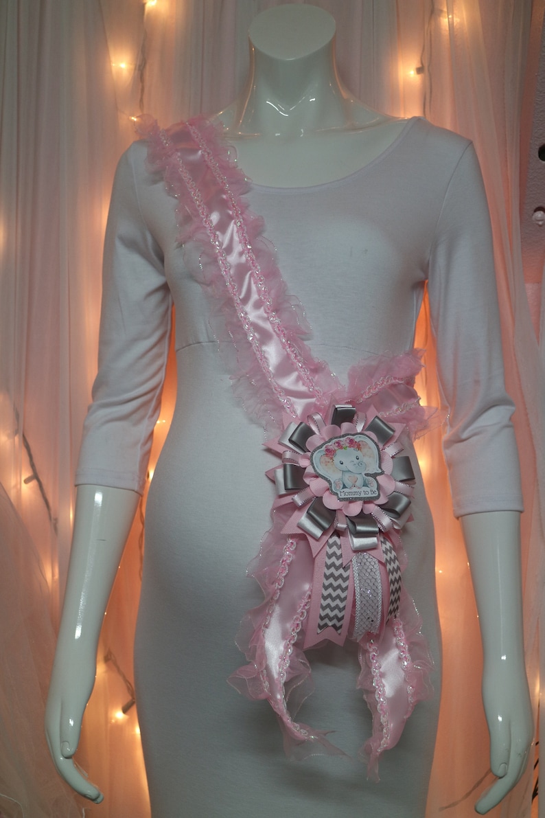 Baby Pink Gray Chevron Baby Elephant Baby Shower Mommy to Be Corsage Belly Sash