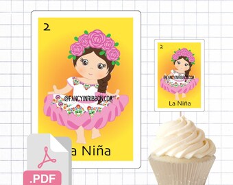 PDF File Fiesta Mexicana Baby Girl Loteria Themed Cupcake Toppers - Pink Roses