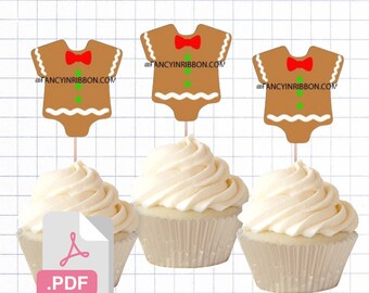 PDF File Gingerbread Christmas Baby baking its a boy 2 inch Onesie Tags/ Cupcake Toppers - Baby Shower Tags