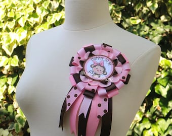 Baby Pink & Brown Monkey It's a Girl Theme Baby Shower Mommy to Be Ribbon Corsage Pin Badge