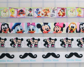 7/8" Print Grosgrain Ribbon for bows - baby shower pin - love - mouse - little man - mustache