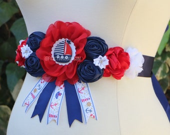 Nautical Baby Shower, Red navy White Flower Sash, Ahoy Nautical Maternity Sash, Ahoy Its a Boy, Nautical Belly Sash, Nautical Sash, Custom