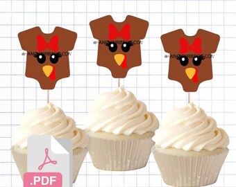 PDF File Turkey Thanksgiving Baby its a girl 2 inch Onesie Tags/ Cupcake Toppers - Baby Shower Tags