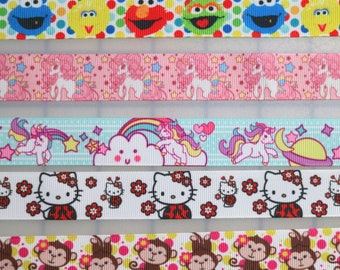 5 yards 7/8" Print Grosgrain Ribbon for bows - baby shower pin - lady bug - monkey - jungle safari - unicorn - rainbow - monsters