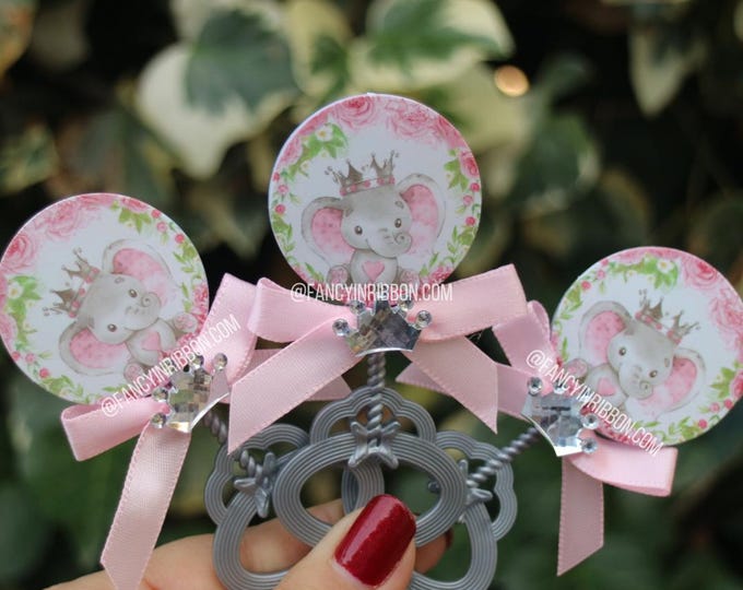 Featured listing image: Ready to Ship - Pink gray  Elephant princess it’s a girl  Baby Shower Guest Pins - Floral Rattle Favors
