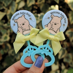 Teddy Bear Baby Blue yellow Baby Shower Guest Pins - baby shower rattles - Guest Pins - Guest Favors - Grandparent Pins -
