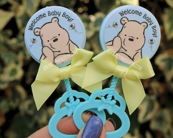 Teddy Bear Baby Blue yellow Baby Shower Guest Pins - baby shower rattles - Guest Pins - Guest Favors - Grandparent Pins -