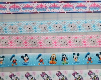 10 yards 7/8" Print Grosgrain Ribbon for bows - baby shower pin - pink blue elephant - princess gender reveal - mouse baby friends - duck