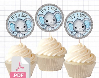 PDF File - The Gray & Baby Blue Baby Elephant Baby Shower Themed Cupcake Toppers