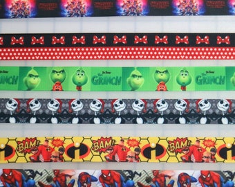 7/8" Print Grosgrain Ribbon for bows - baby shower pin - super heroes - polkadot - christmas - halloween - tv show