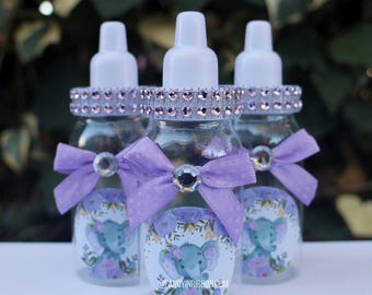 12 Lavender Elephant Baby Shower Favors – Decorated Party Bottles