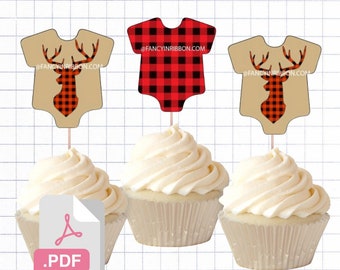 PDF File Rustic Lumber Jack Buffalo Christmas Deer Onesie Tags/ Cupcake Toppers - Baby Shower Tags