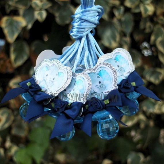 12 Elephant Baby Shower Pacifier Necklaces Blue Gray Navy Baby