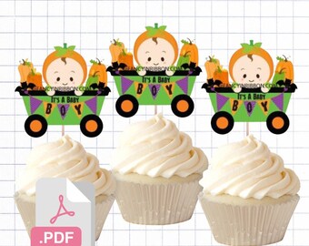PDF File Halloween Baby Pumpkin It's a baby boy Tags/ Cupcake Toppers - Baby Shower Tags