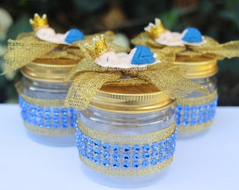 12 Baby Prince - Gold & Royal Blue Shower Party Favor Bottle Jars - Baby Shower Games - Party Decorations - Guest Gifts