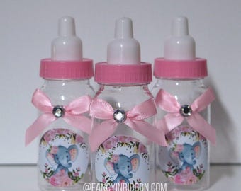 Ready to Ship - 12 Pink Gray Elephant Baby Shower Favors – Decorated Party Bottles - It's a Girl