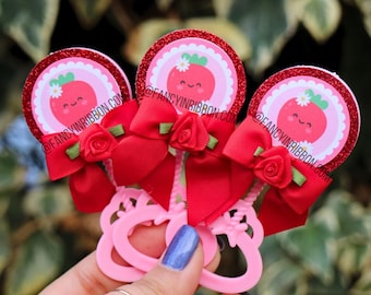 12 Pink & Red Strawberry Baby girl Baby Shower Guest Pins - baby shower rattles - Guest Pins - Guest Favors - Grandparent Pins