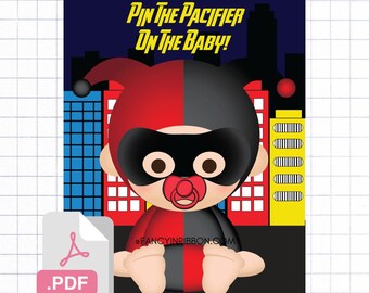 PDF Pin the Pacifier on the baby Game - Baby Shower Games - Superhero villain baby shower