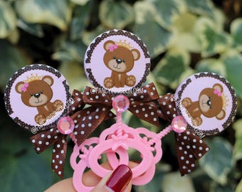 Teddy Bear Pink Brown Princess Baby Shower Guest Pins - Pink Floral Rattles