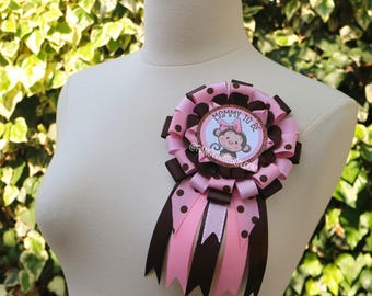 Baby Pink & Brown Monkey It's a Girl Theme Baby Shower Mommy to Be Ribbon Corsage Pin Badge