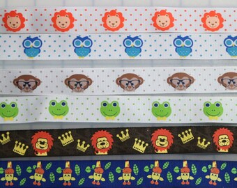 10 yards 7/8" Print Grosgrain Ribbon for bows - baby shower pin - safari jungle animals monkey lion frog giraffe lion king