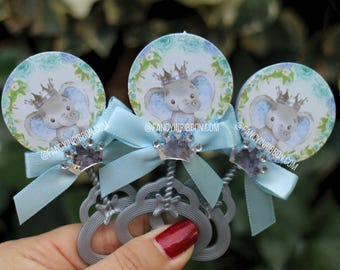 Blue gray Elephant prince it’s a boy  Baby Shower Guest Pins - Floral Rattle Favors
