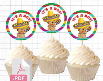 PDF File Fiesta Mexicana Baby Boy Themed Cupcake Toppers