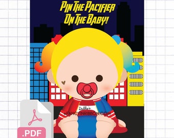 PDF Pin the Pacifier on the baby Game - Baby Shower Games - Superhero villain baby shower