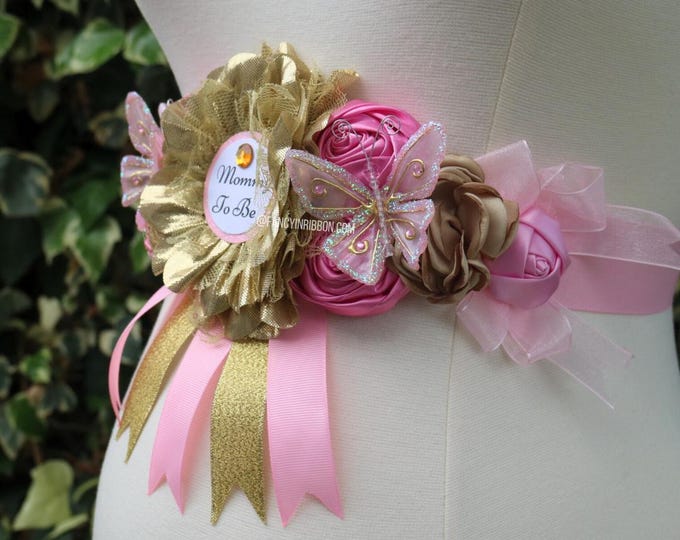 Featured listing image: Butterfly Pink & Gold Baby Shower Mommy to be Flower Maternity Belly Sash