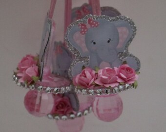 12 Elephant Baby Shower Pacifier Necklaces Pink & Gray Baby Girl - Baby Shower Games - Party Decorations