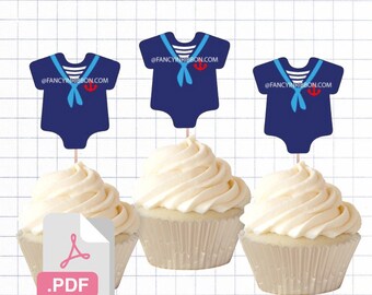 PDF File Ahoy It's a Boy Nautical Themed Onesie Cupcake Toppers