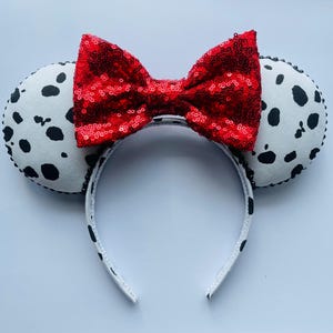 101 Dalmatians Inspired Mouse Ears / Cruella Puppy Inspired Minnie Ears / Pongo inspired Mickey Ears / Choose Bow / Sewn On Ears
