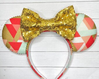 Geometric Mouse Ears: Spaceship Earth Inspired, Gold Sequin Bow