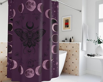 Moon Phase Decor Shower Curtain, Gothic Moth Design in Deep Plum