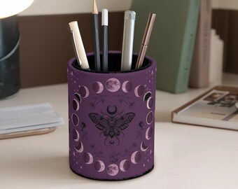 PU Leather Organizer with Moth and Moon Design, Stylish Desk Holder