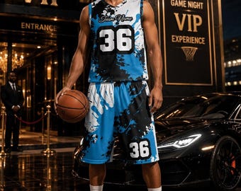 Custom Uniform Basketball , Black Blue White Polyester Jersey And Shorts Set, Seven Sizes