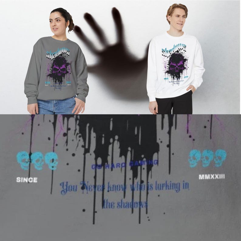 A man and a woman wearing gray and white crewneck sweatshirts, respectively, both with a purple and black skull design, splattered with black ink, and the word "Shadows" above it in blue and white.
