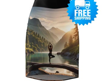 Yoga Lake Scene Pencil Skirt: Women's Activewear Fitness Skirt