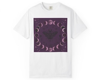 Moon Phase Moth T-Shirt, Plum Backdrop Art, Mystical Occult Fashion, Celestial Stars and Moon, Vintage Vibe Tee for Night Lovers