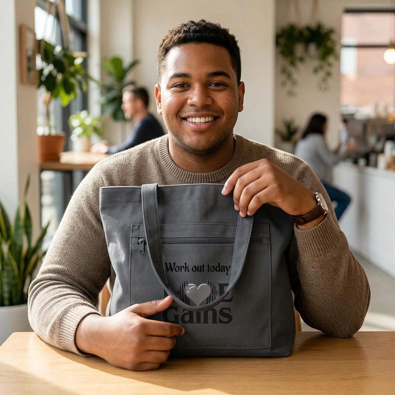 A smiling person in a beige sweater sits at a wooden table holding a gray tote bag with the text Work out today and Love Gains printed on the front.