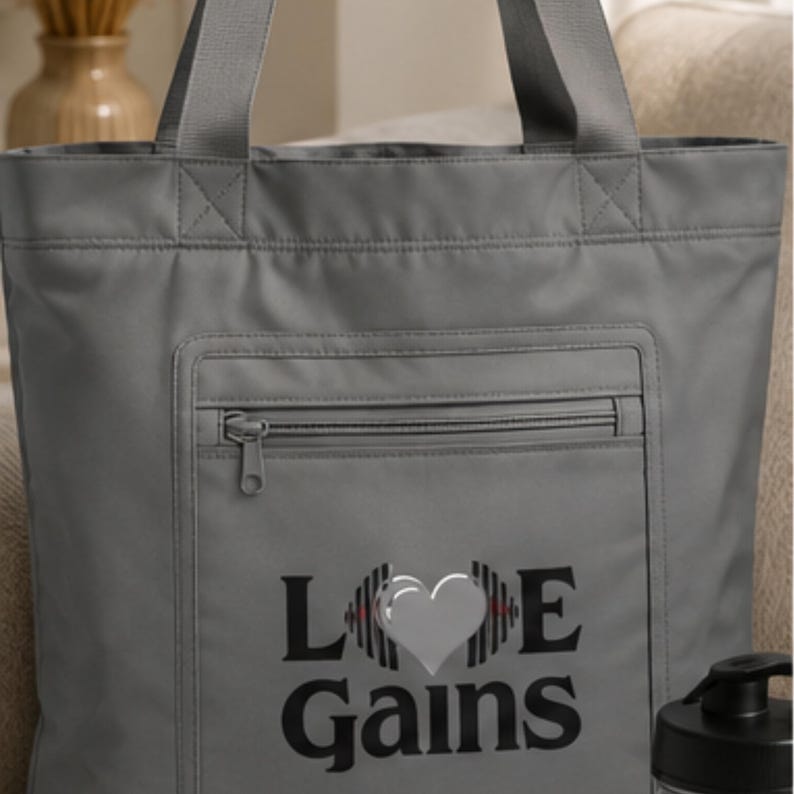 Close-up view of the gray tote bag featuring a zippered front pocket and the text Love Gains with a heart and dumbbell graphics.